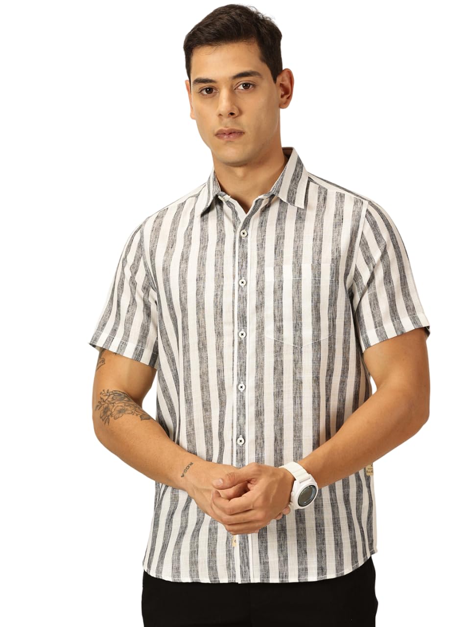 Thomas Scott Men’s | Stripes | Half Sleeve | Slim Fit | Linen Blend | Spread Collar | Casual Shirt