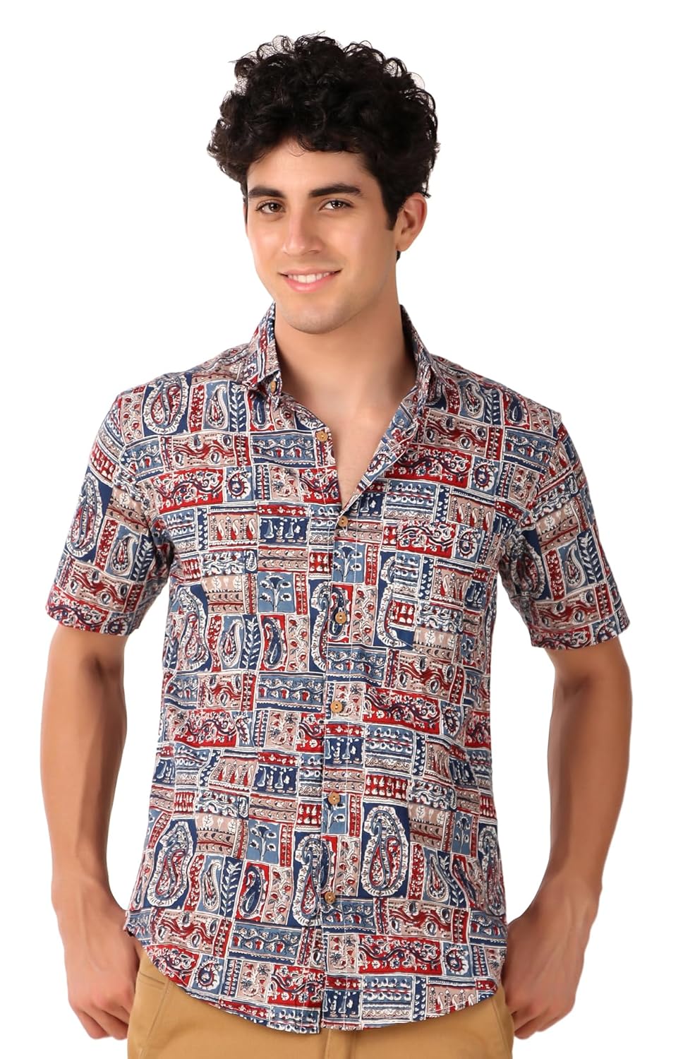 FAADDICTION Men’s Cotton Half Sleeves Printed Casual Shirt – Red & Brown