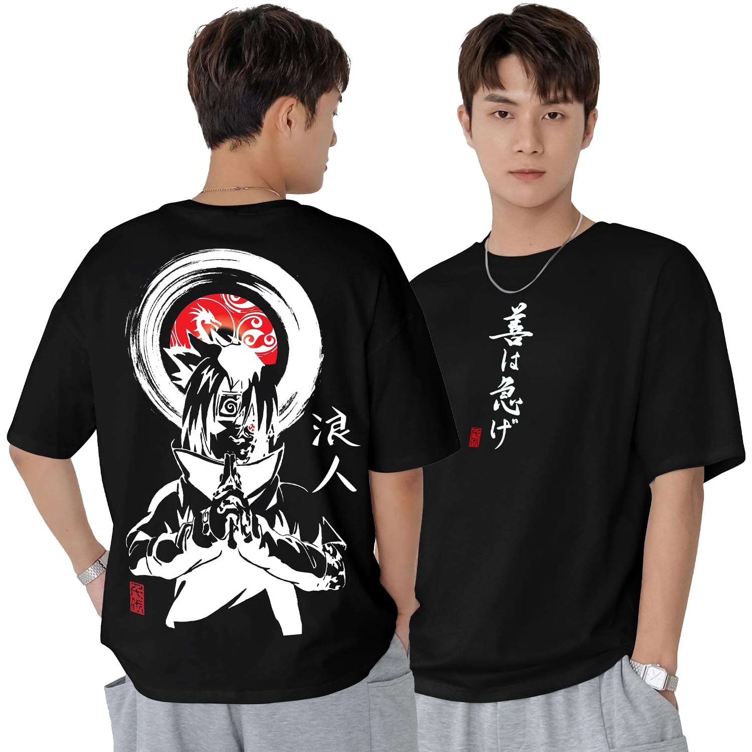 Jump Cuts Mens 3/4th Sleeve Printed Round Neck White and Black Cotton Blend Boxy Fit T-Shirt