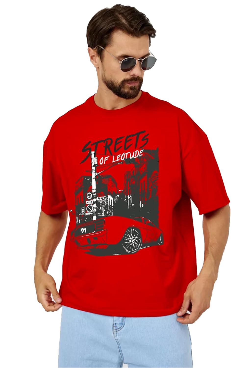 LEOTUDE Half Sleeve Oversized Cottonblend Round Neck Drop Shoulder Printed T-Shirt for Men’s (Color Red) LEOTUDE Half Sleeve Oversized Cottonblend Round Neck Drop Shoulder Printed T-Shirt for Men’s (Color Red)