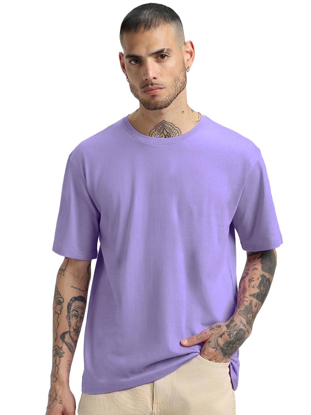 LEOTUDE Half Sleeve Oversized Tshirt for Men, Round Neck Cottonblend Drop Shoulder Solid T-Shirt (Purple Color)
