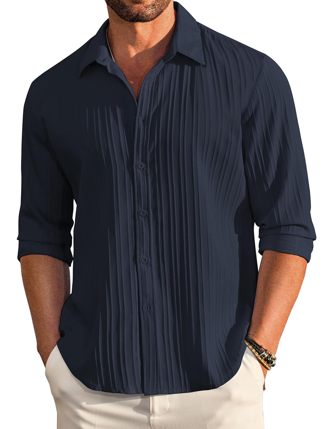 DEELMO Men’s Casual Button Down Shirts Long Sleeve Linen Shirt Fashion Textured Beach Summer Shirt