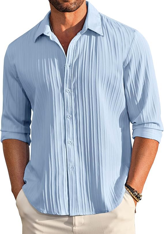 CB-COLEBROOK Men’s Casual Button Down Shirts Long Sleeve Linen Shirt Fashion Textured Beach Summer Shirts