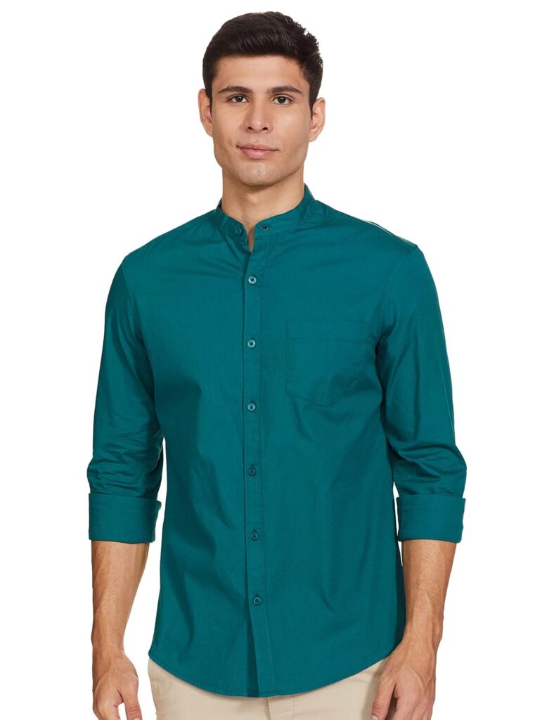 Amazon Brand – Symbol Men’s Solid Cotton Shirt | Chinese Collar | Casual | Plain | Full Sleeve | Summer-Regular Fit (Available in Plus Size)