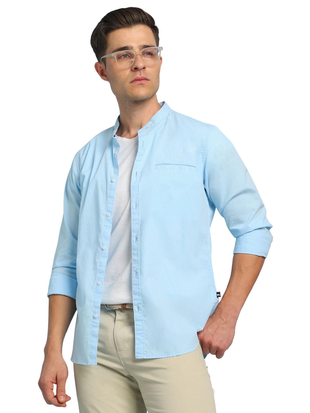 Dennis Lingo Men Solid Mandarin Collar Full Sleeves Regular Fit Casual Shirt
