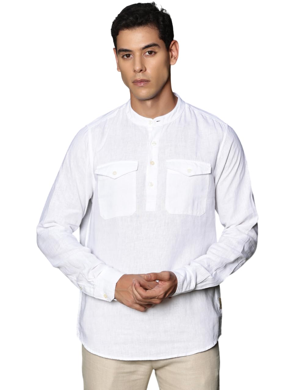Thomas Scott Men’s | Solid | Full Sleeve | Slim Fit | Cotton Linen | Double Flap Pocket | Mandarin Collar | Kurta Shirt