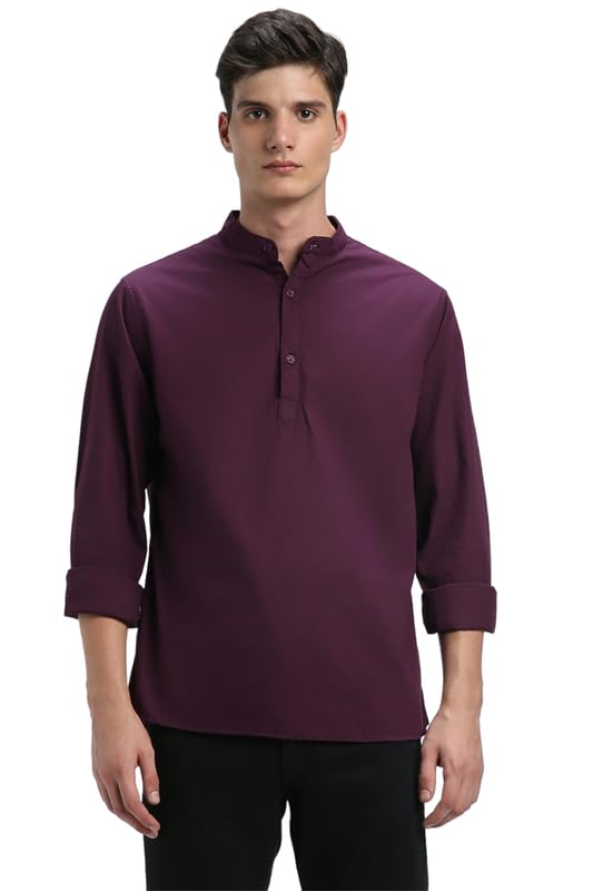 Dennis Lingo Men’s Cotton Solid Slim Fit Mandarin Collar Full Sleeves Casual Shirt