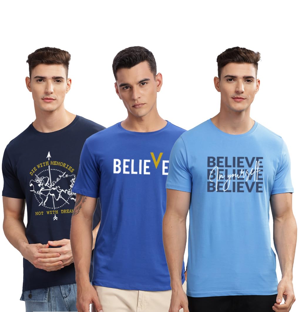 ADRO 100% Cotton Lycra Tshirts for Men Combo Pack of 3 | Regular Fit | Printed T Shirt | Round Neck Half Sleeve| Mens Tshirts