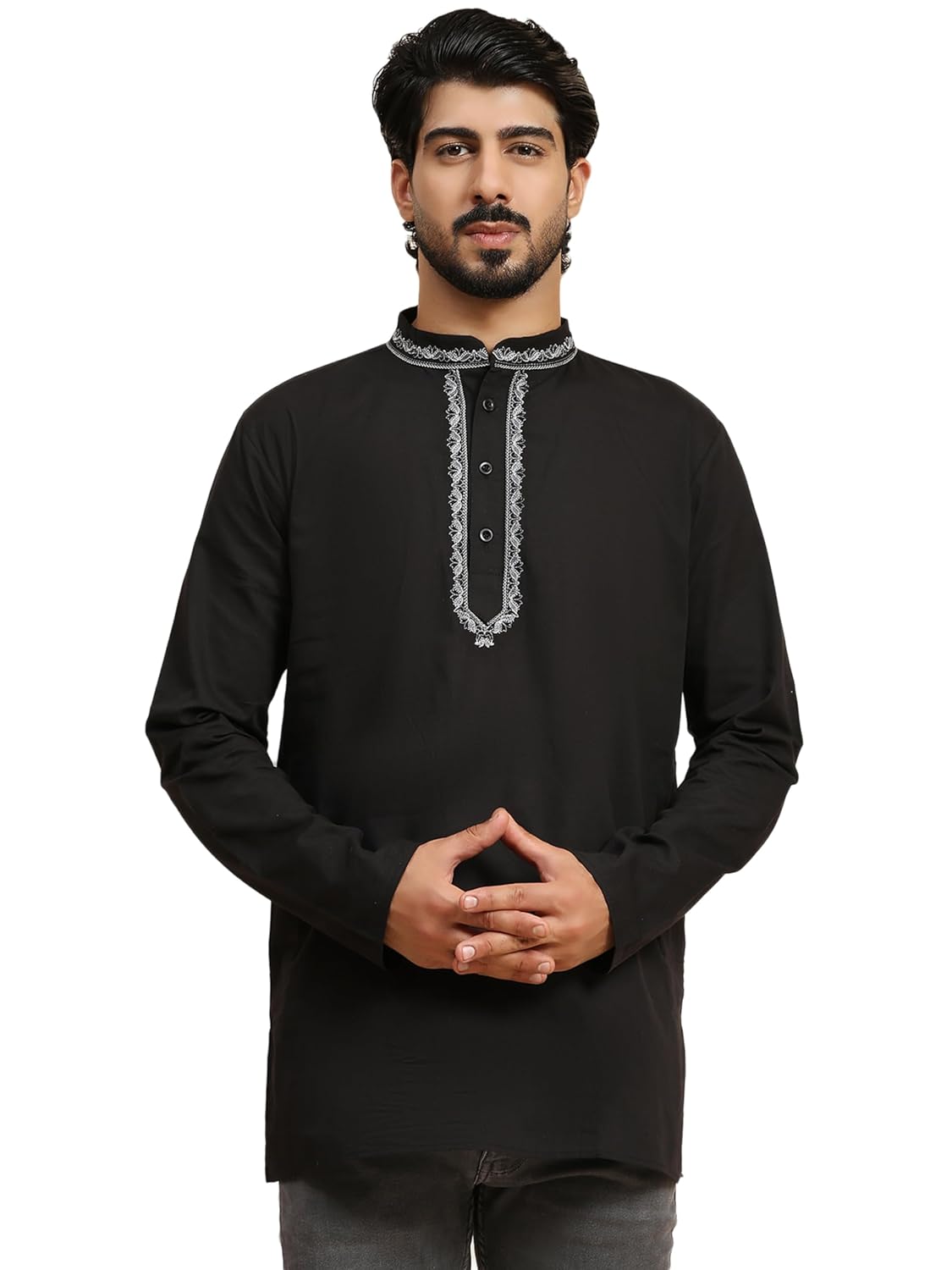 Amazon Brand – Anarva Men’s Cotton Embroidered Kurta Long Sleeves Mandarin Collar Helnley Shirt