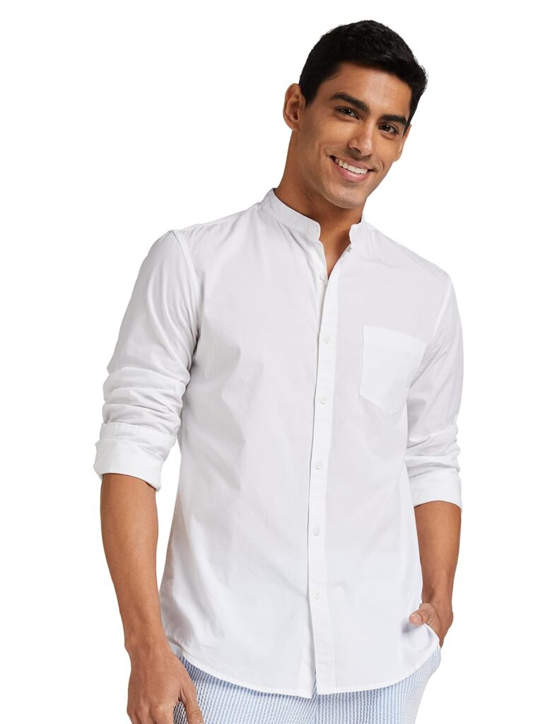 Amazon Brand – Symbol Men’s Cotton Shirt | Chinese Collar | Casual | Plain | Full Sleeve | Summer – Regular Fit (Available in Plus Size and Combo Packs)