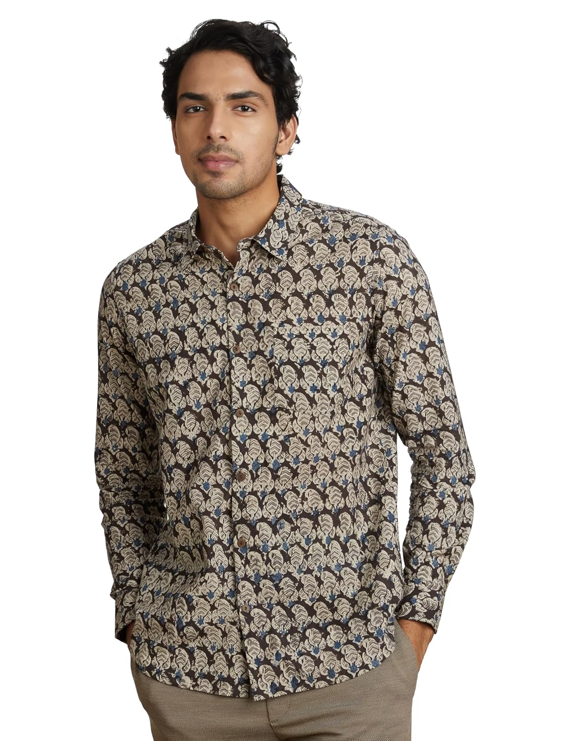 Amazon Brand – Symbol Men’s Floral Regular Fit Kalamkari Print Cotton Ethnic Shirt