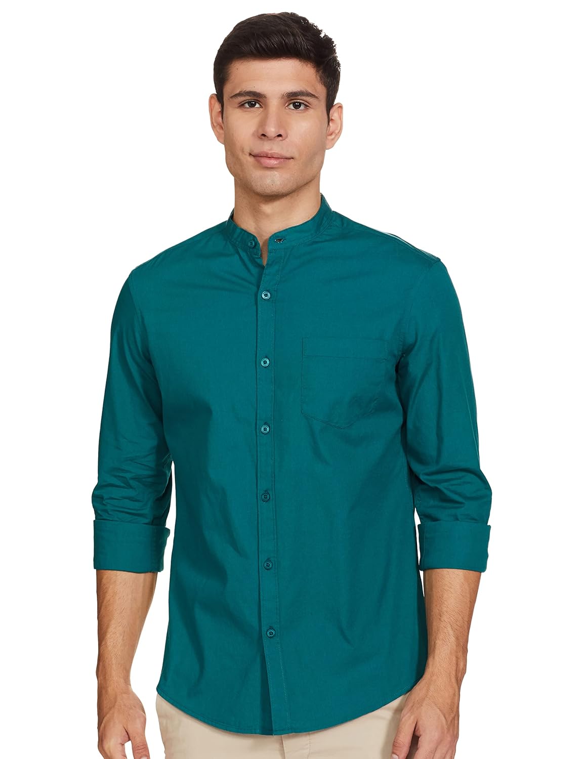 Amazon Brand – Symbol Men’s Solid Cotton Shirt | Chinese Collar | Casual | Plain | Full Sleeve | Summer-Regular Fit (Available in Plus Size)