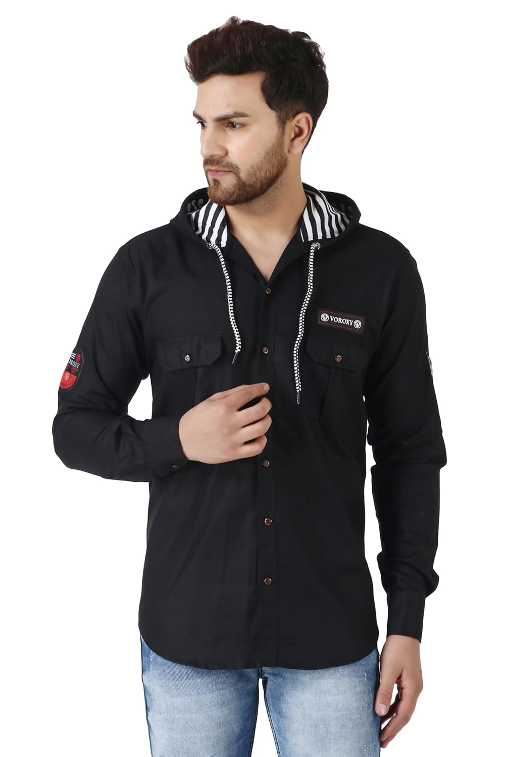 Besix Men’s Tailored Fit Cotton Blend Shirt for Man with Hoodie – Casual Long Sleeve Shirt with Pockets – Patch Detail for Stylish Look, Classic, Stylish, Comfortable, Summer Shirt