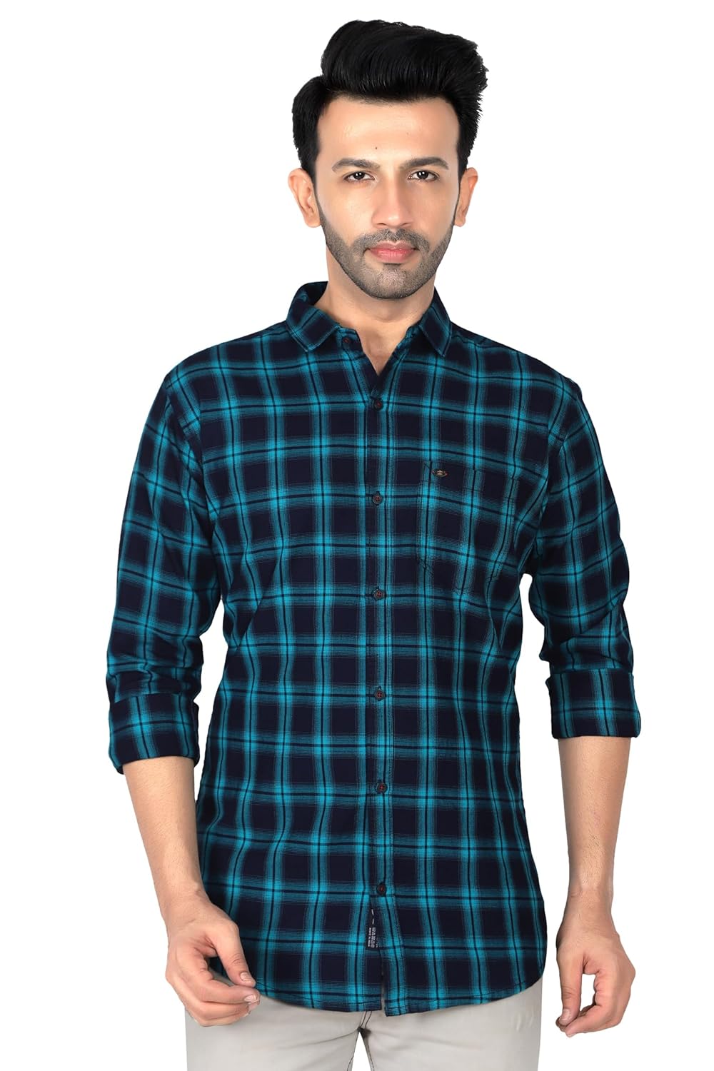 Bluetorrent Cotton Indigo Check Long Sleeves Spread Collar Casual Mens Shirts BTSH021-Parent