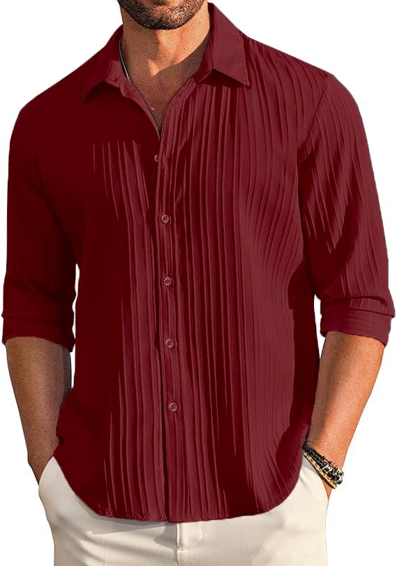 CB-COLEBROOK Men’s Casual Button Down Shirts Long Sleeve Linen Shirt Fashion Textured Beach Summer Shirts