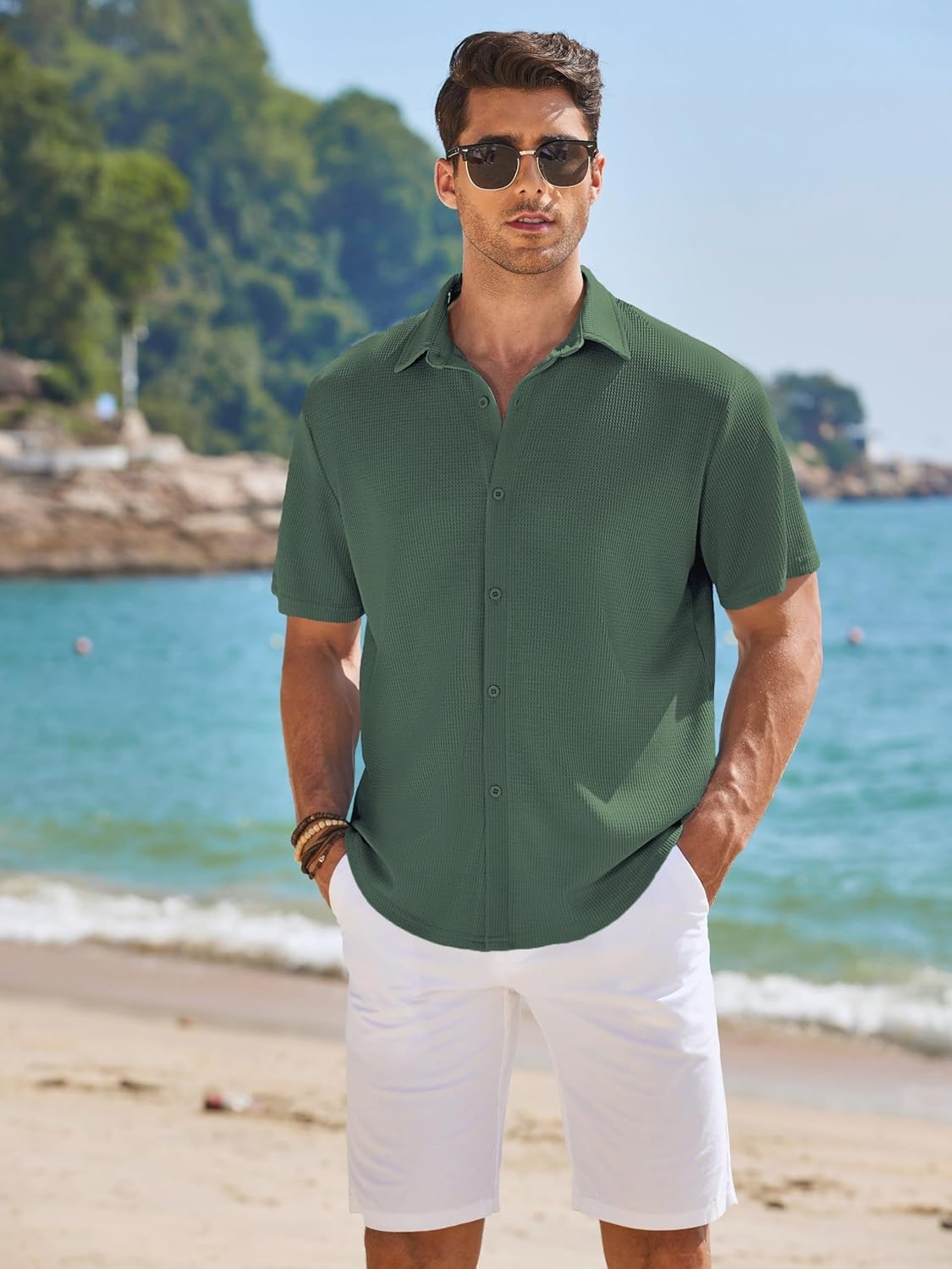 CB-COLEBROOK Men’s Waffle Knit Textured Button-Down Wrinkle Free Casual Shirts, Short Sleeves, Summer Beach Tops