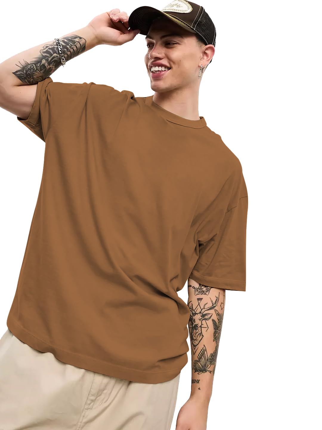 CHKOKKO Oversized Solid Round Neck Tshirts for Men Golden Brown S (T-LA-1-5)