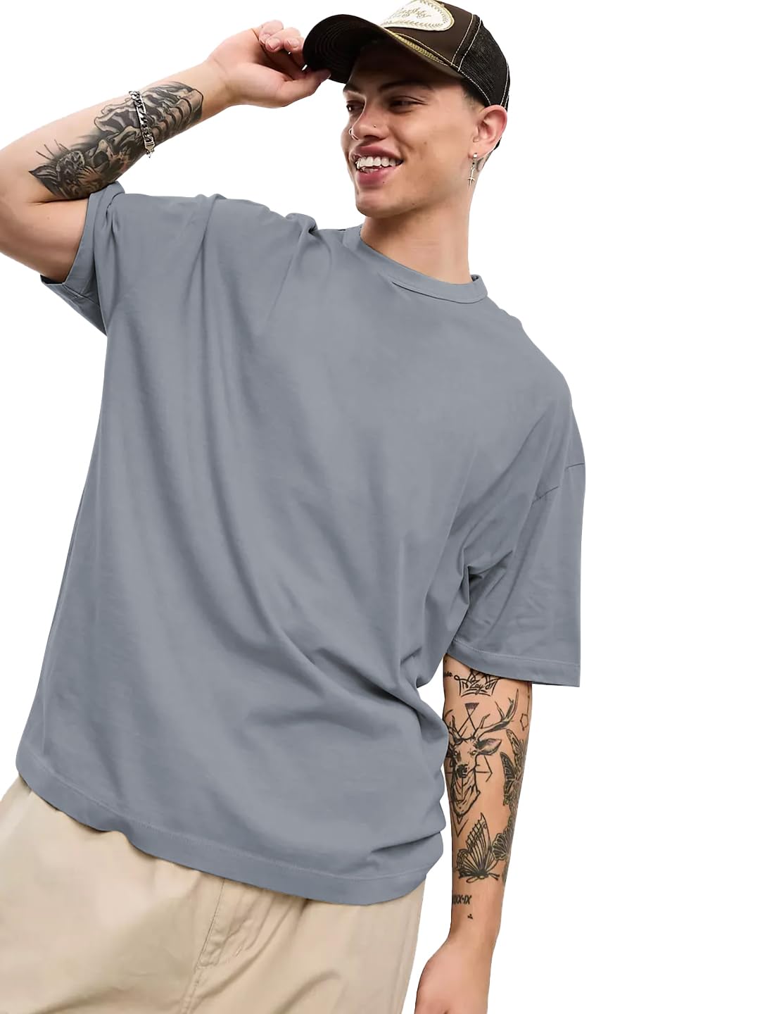 CHKOKKO Oversized Solid Round Neck Tshirts for Men Slate Grey XXL (T-30-33)
