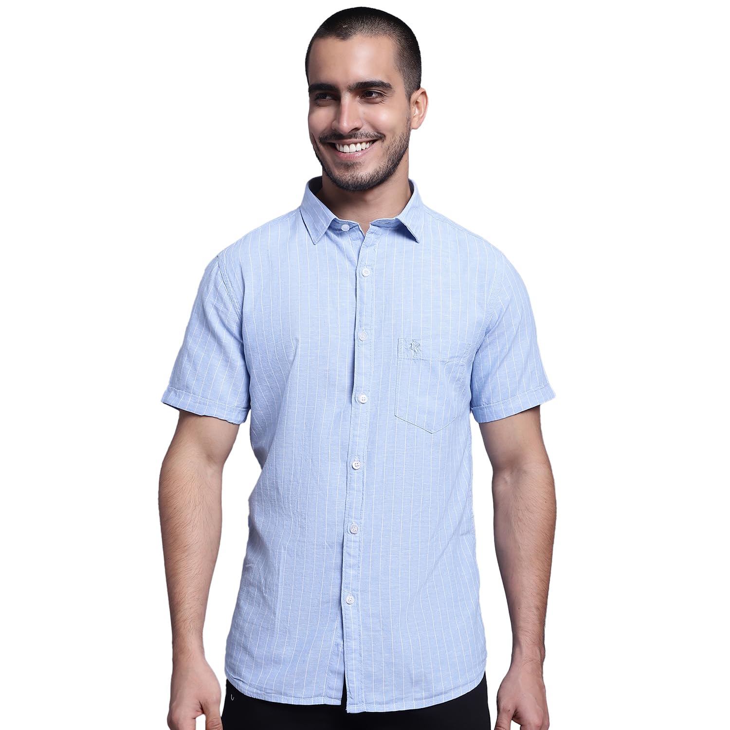 Cantabil Men Cotton Blend Striped Half Sleeve Sky Blue Casual Shirt (P_MSHC00751_SkyBlue)