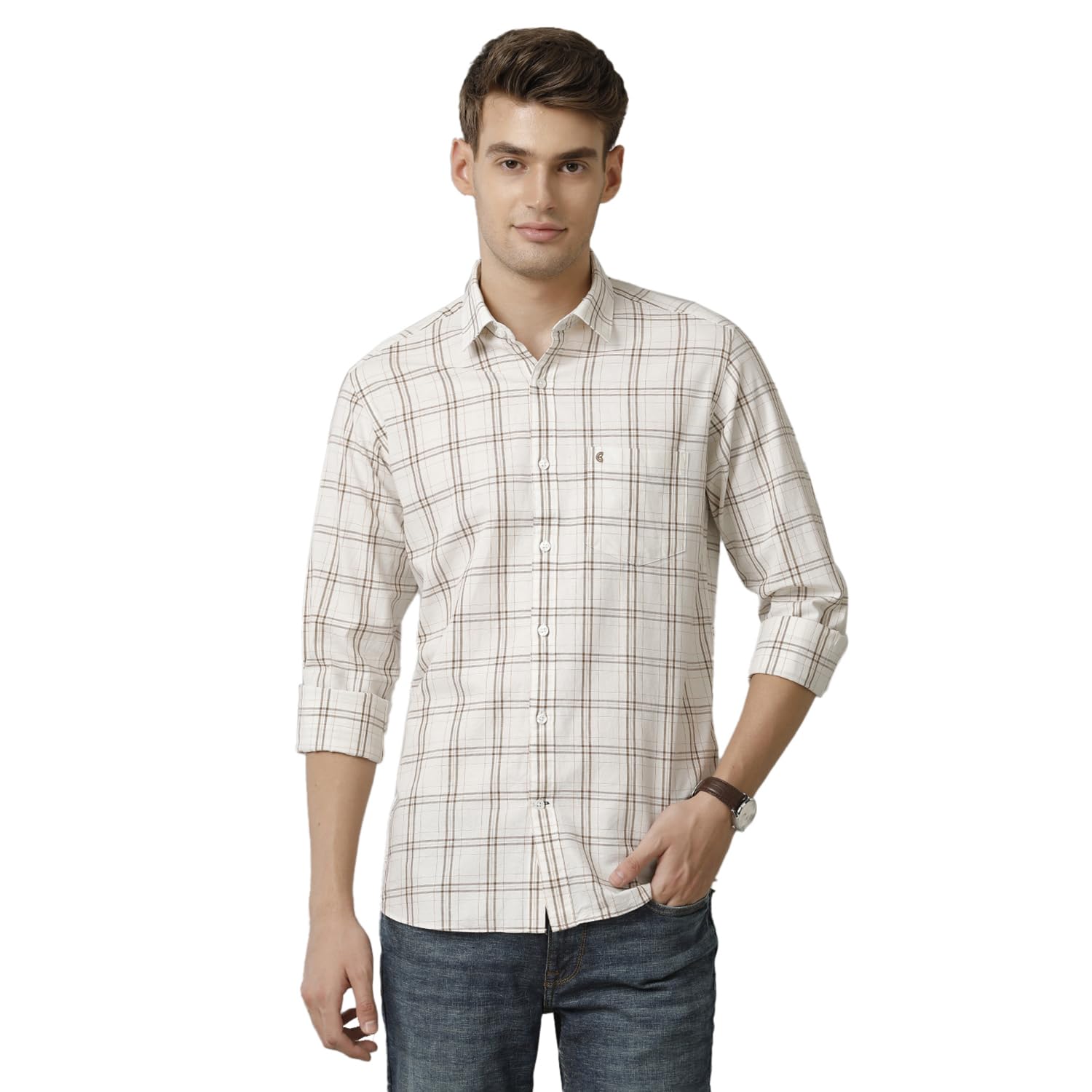 Cavallo by Linen Club Men’s White Checked Slim Fit Full Sleeve Casual Shirt