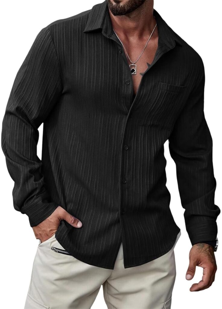 DEELMO Men’s Button Down Dress Shirts Textured Long Sleeve Casual Hawaiian Beach Shirt with Pocket