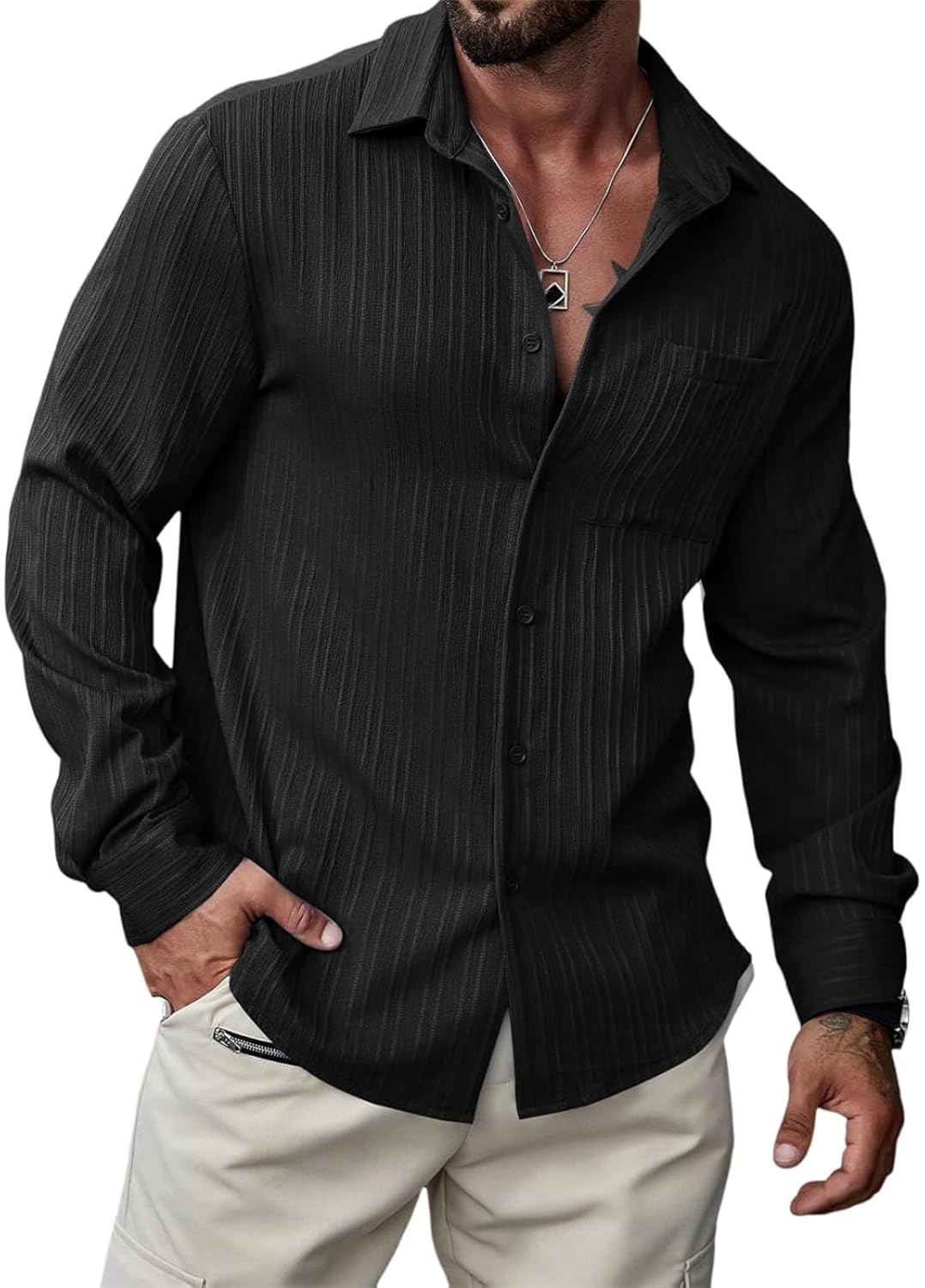 DEELMO Men’s Button Down Dress Shirts Textured Long Sleeve Casual Hawaiian Beach Shirt with Pocket