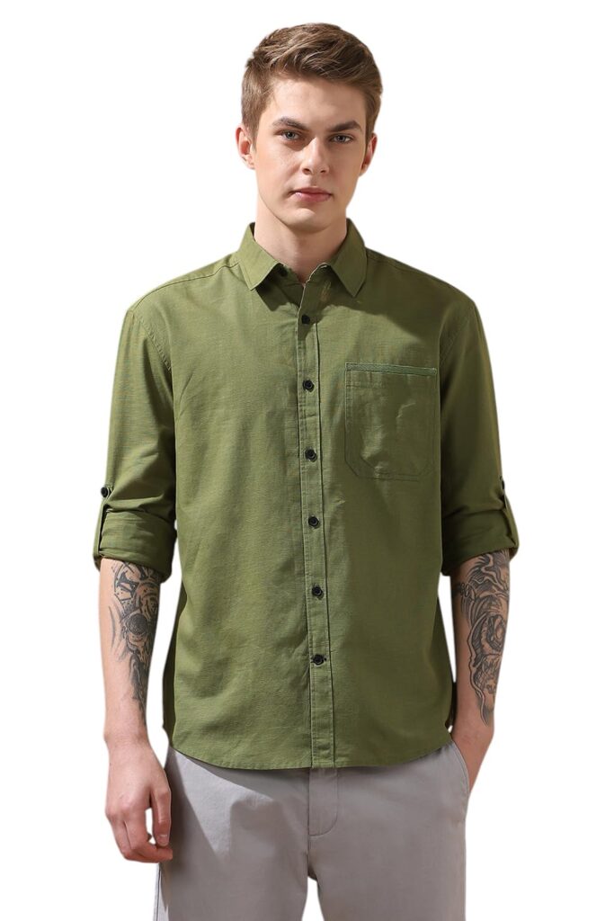 Dennis Lingo Men Solid Cotton slub Spread Collar Full Sleeves Regular Fit Shirt