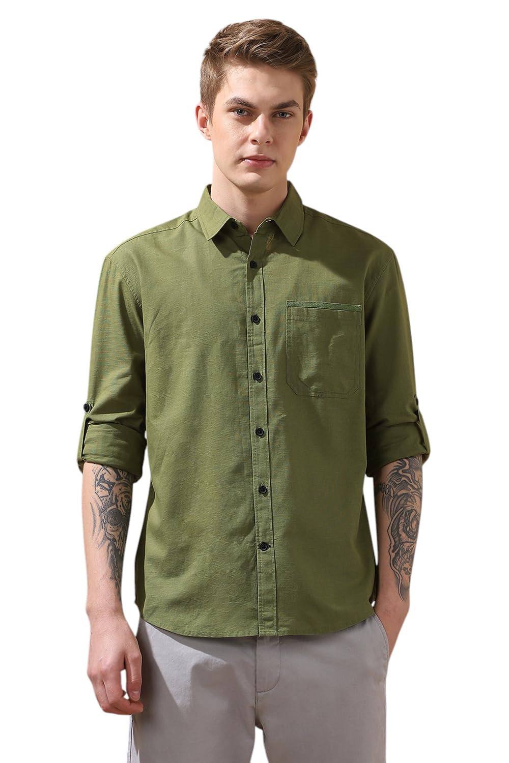 Dennis Lingo Men Solid Cotton slub Spread Collar Full Sleeves Regular Fit Shirt Dennis Lingo Men Solid Cotton slub Spread Collar Full Sleeves Regular Fit Shirt