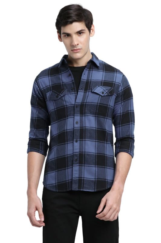 Dennis Lingo Men’s Blue Cotton Casual Shirt, Long Sleeve Relaxed Fit Spread Collar