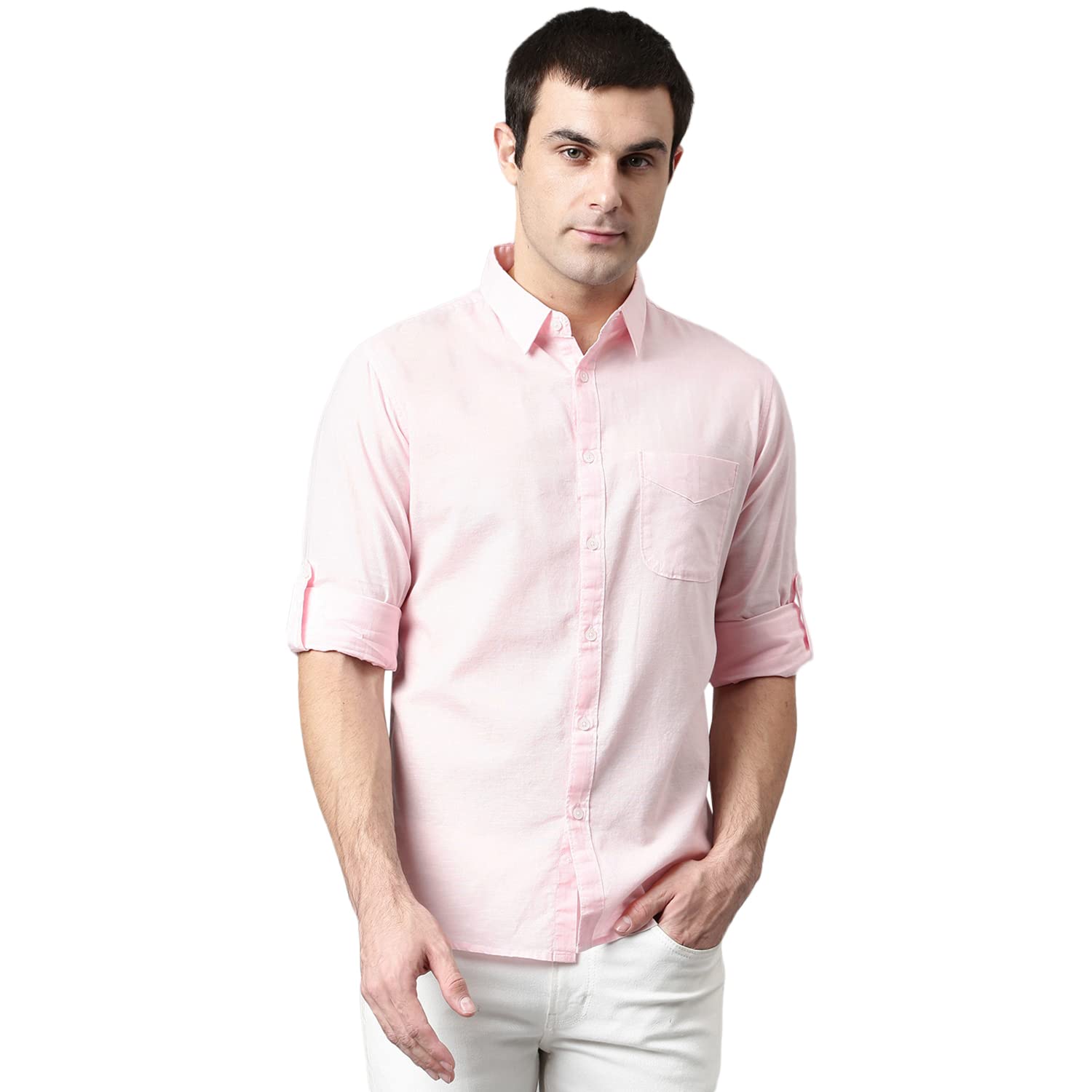 Dennis Lingo Men’s Cotton Solid Slim Fit Casual Shirt with Pocket, Roll Up Full Sleeve Shirt for Formal & Casual Wear