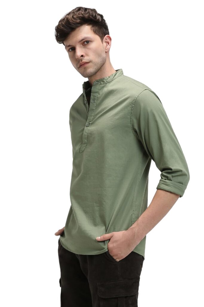 Dennis Lingo Men’s Cotton Solid Slim Fit Mandarin Collar Full Sleeves Casual Shirt
