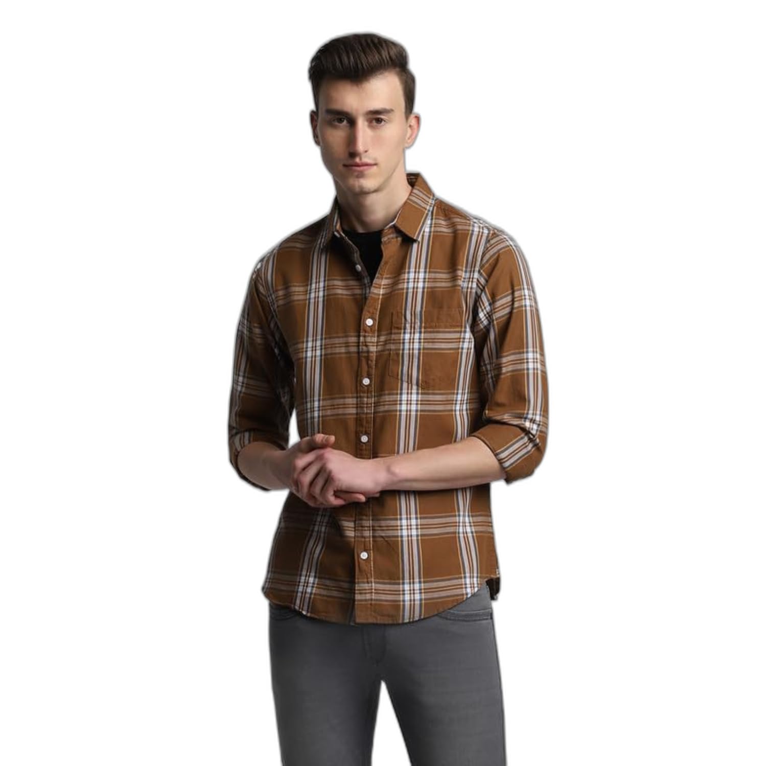 Dennis Lingo Men’s Khaki Cotton Casual Shirt, Full Sleeve Slim Fit Spread Collar