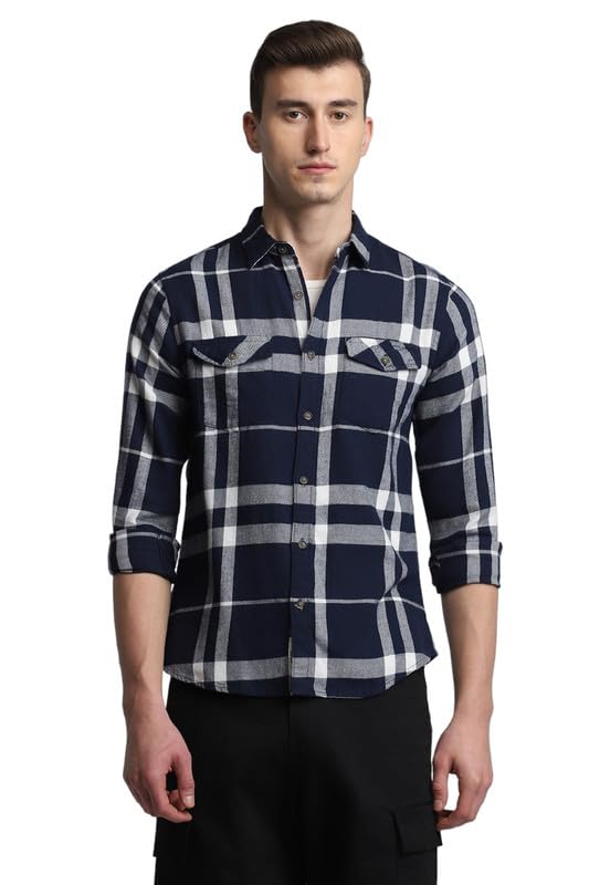 Dennis Lingo Men’s Navy Cotton Casual Shirt, Regular Fit Long Sleeve Spread Collar Dennis Lingo Men’s Navy Cotton Casual Shirt, Regular Fit Long Sleeve Spread Collar