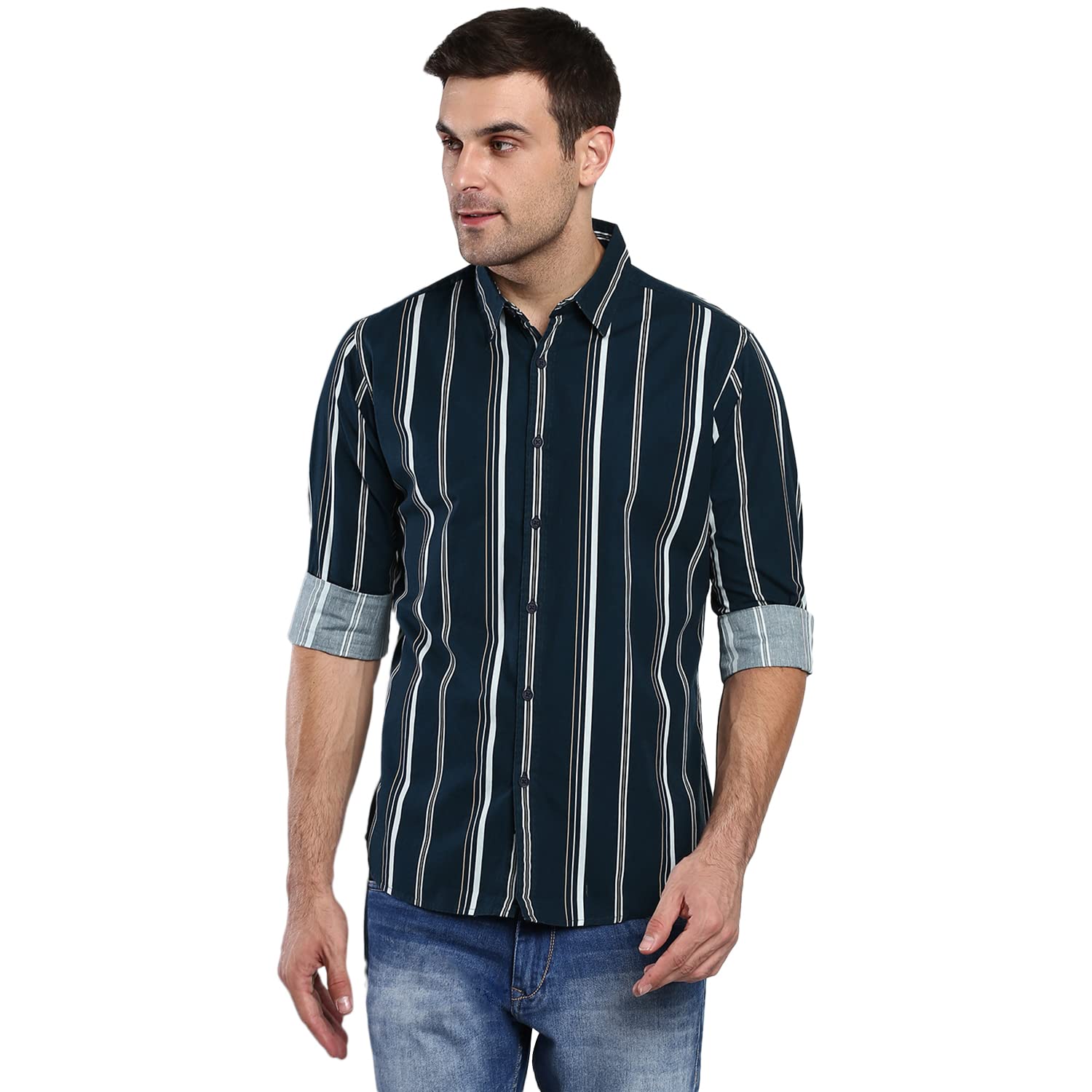 Dennis Lingo Men’s Striped Slim Fit Cotton Casual Shirt with Spread Collar & Full Sleeves