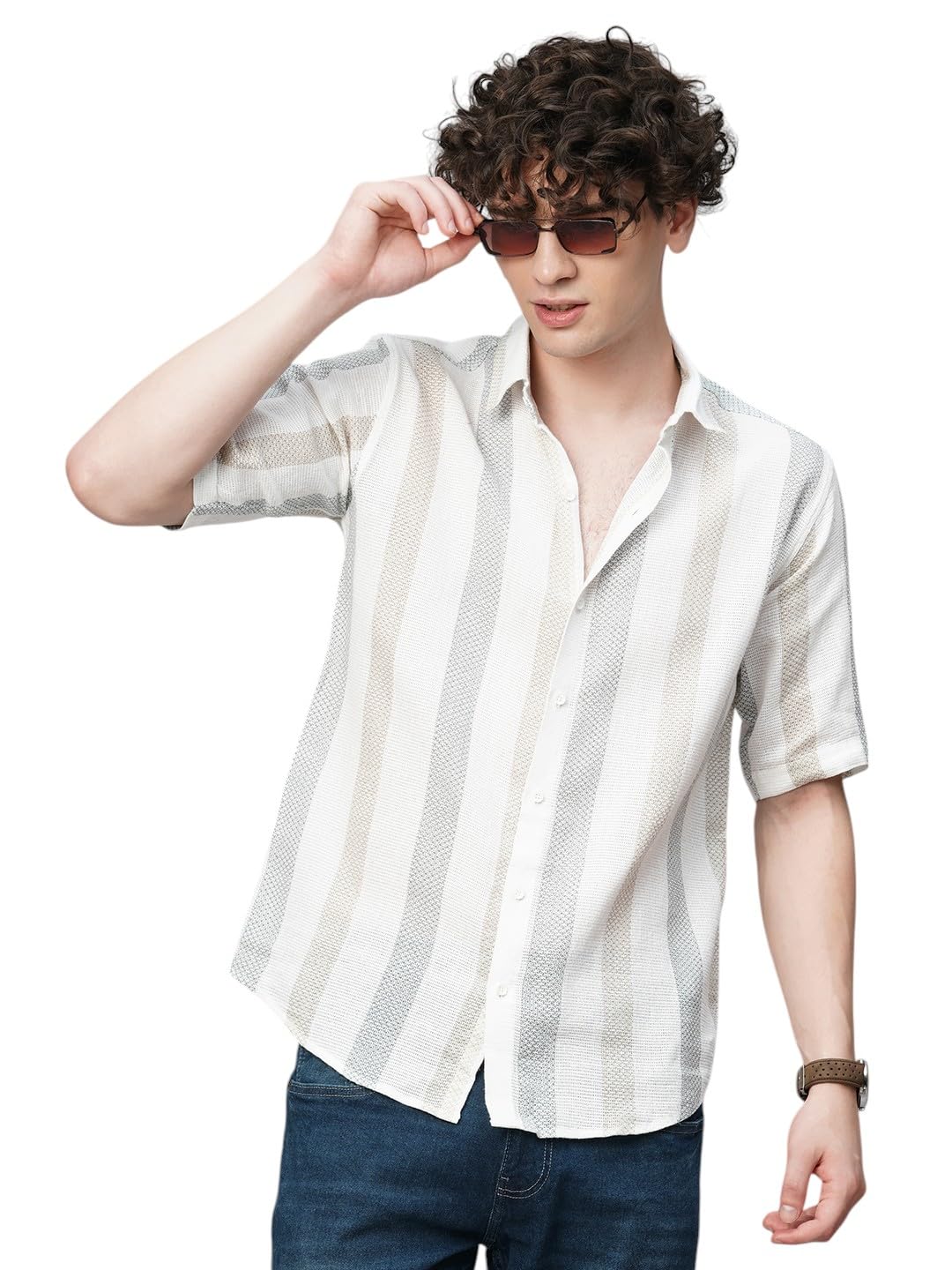 Exclusive Stripes Half Sleeve Crochet Stripes Shirt for Men XXZ_4697071