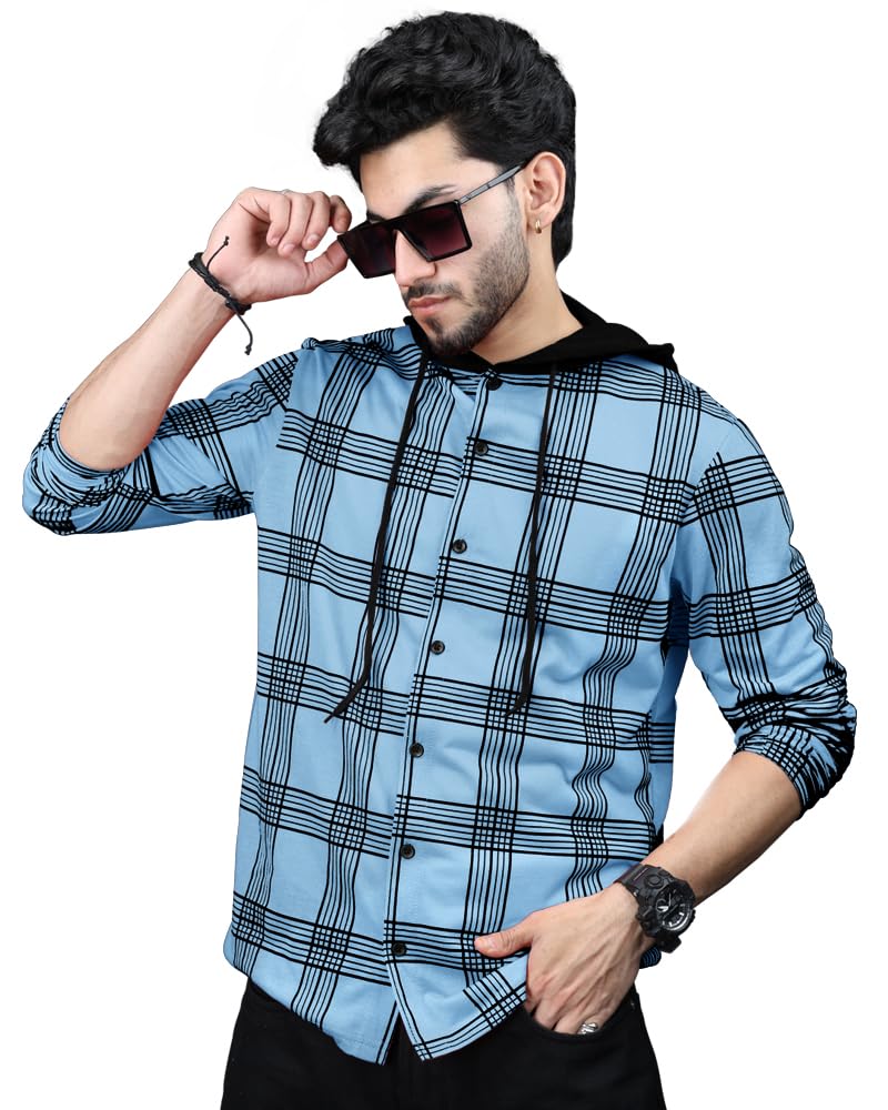 EyeBolger Mens Checkered Hooded Neck Full Sleeve T-Shirt