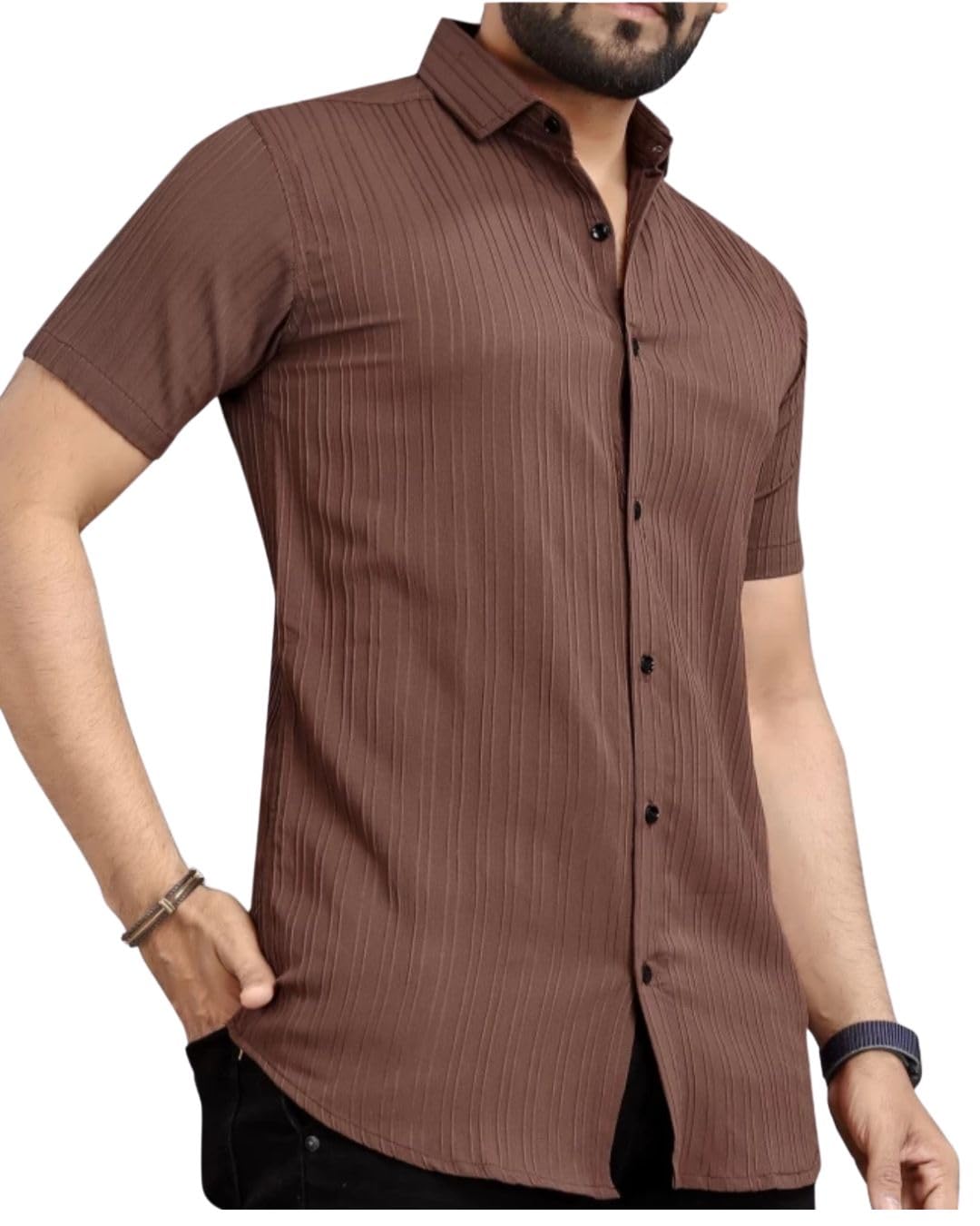 FABDECK Men’s Textured Cotton Short Sleeve Shirt, Pleated Design, Button-Down Collar FABDECK Men’s Textured Cotton Short Sleeve Shirt, Pleated Design, Button-Down Collar