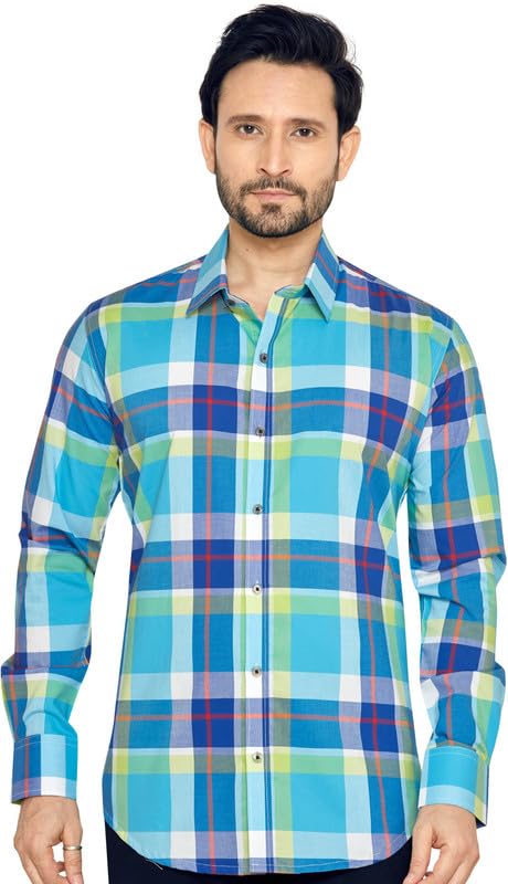 GLOBALRANG Men’s 100% Cotton Regular Fit Casual Multicolor Checks Shirt with Spread Collar and Pocket-S