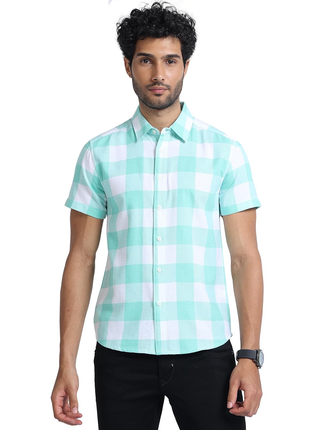 GLORYBOYZ Half Shirt for Men Cotton Check Shirt for Men (XS-6XL) Regular Fit Short Sleeve Big Checks Chambray Button Down Mens Check Shirt Casual Formal Stylish Checkered Shirt Men Plus Size