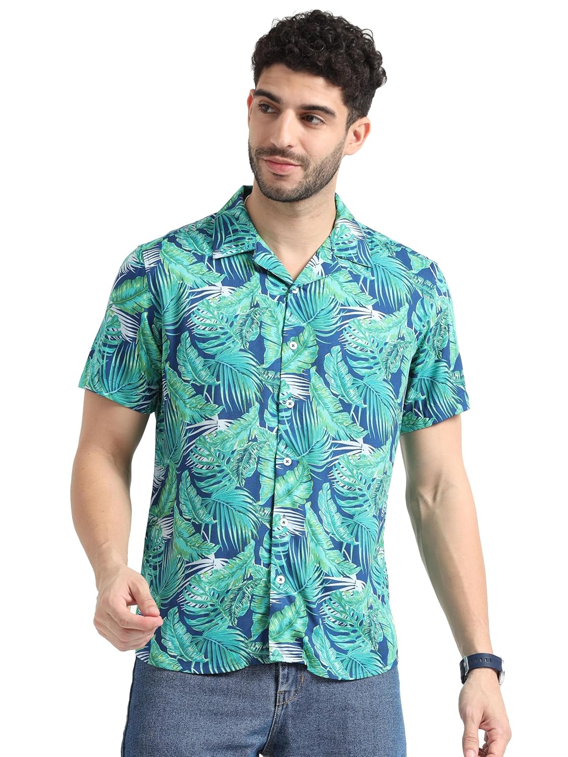 GLORYBOYZ Half Sleeve Printed Shirts for Men Relaxed Fit Tropical Leaf Hawaiian Stylish Men’s Casual Shirt Revere Collared Neck Vacation Goa Beach Summer Shirts for Men Plus Size S to 6XL