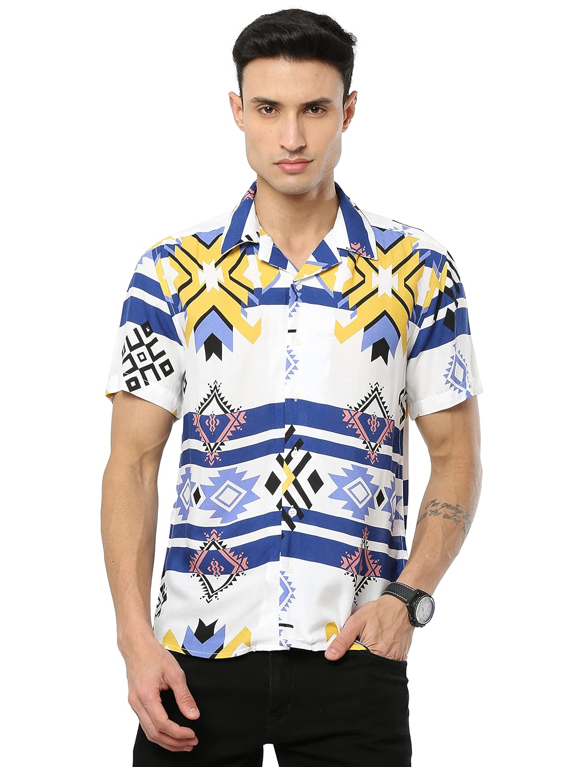 GLORYBOYZ Men’s Half Sleeve Slim Fit Fashion Tribal Printed Shirt