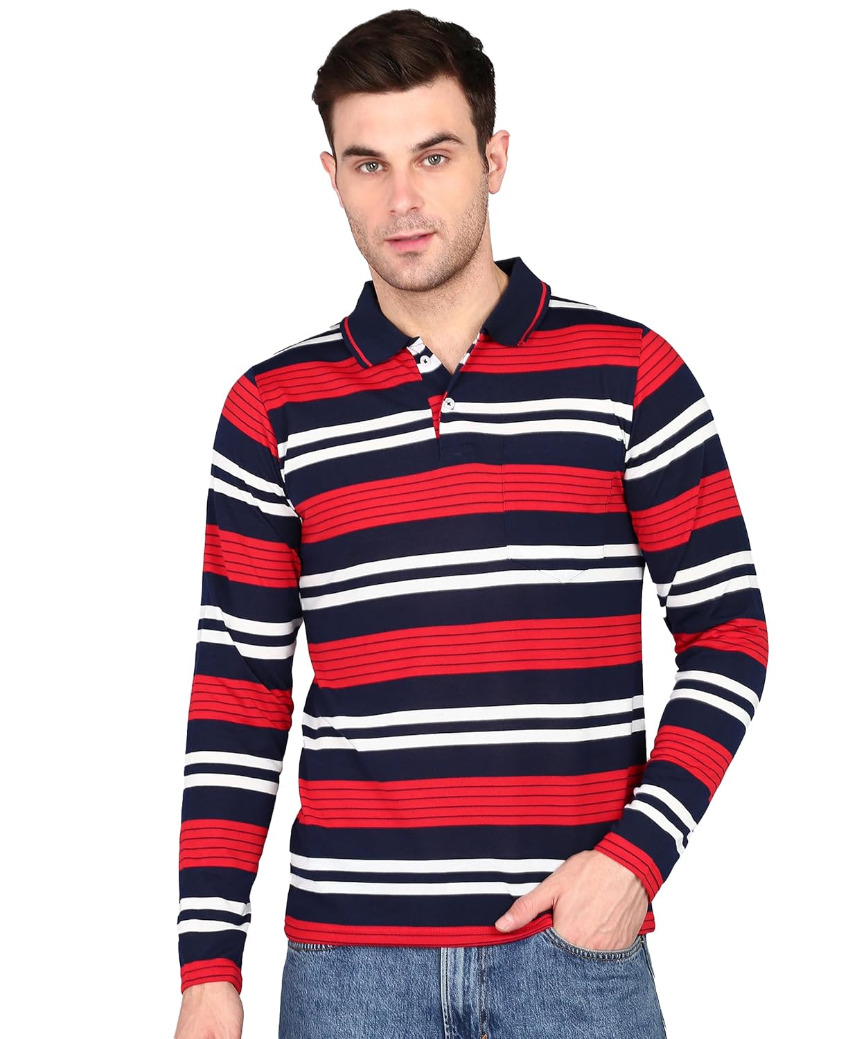 INKKR Polo Neck Full Sleeve Striped Men’s Tshirt