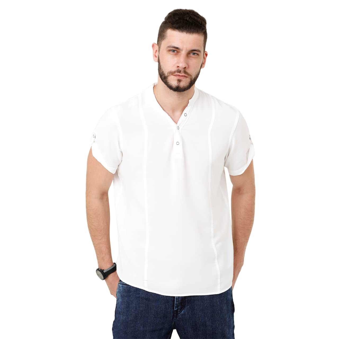 Identiti Men’s Cotton Solid Full Sleeve Slim Fit Shirt with Mandarin Collar