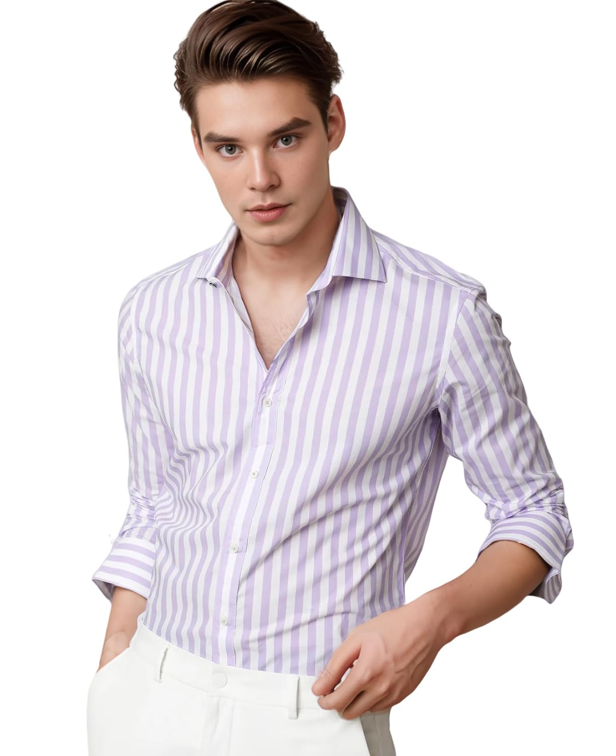 IndoPrimo Men’s Classic Fit Cotton Casual Light Striped Shirt for Men Full Sleeves (Raone)