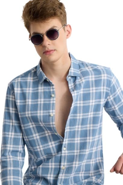 JAI TEXTILES Men’s Cotton Casual Printed Checkered Stylish Latest Shirt for Men (SkyBlue; X-Large)