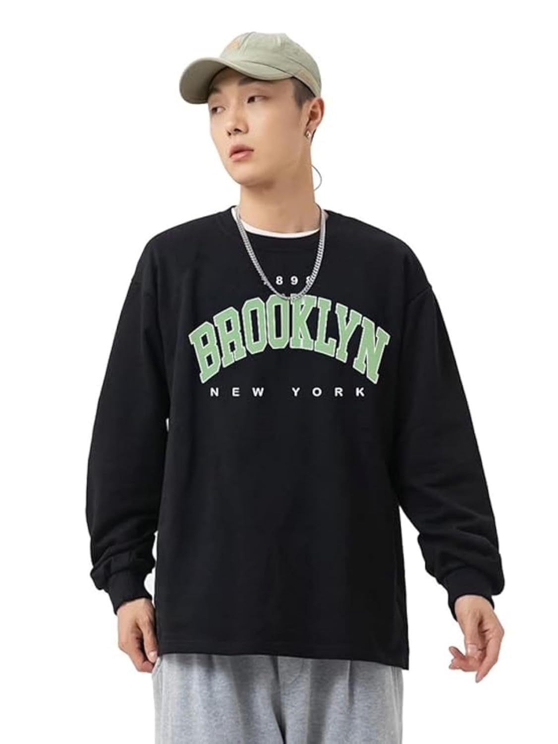 Jump Cuts Men Printed Full Sleeve Round Neck Black and Green Cotton Blend Oversized Fit (Drop Shoulder) T-Shirt T-Shirt