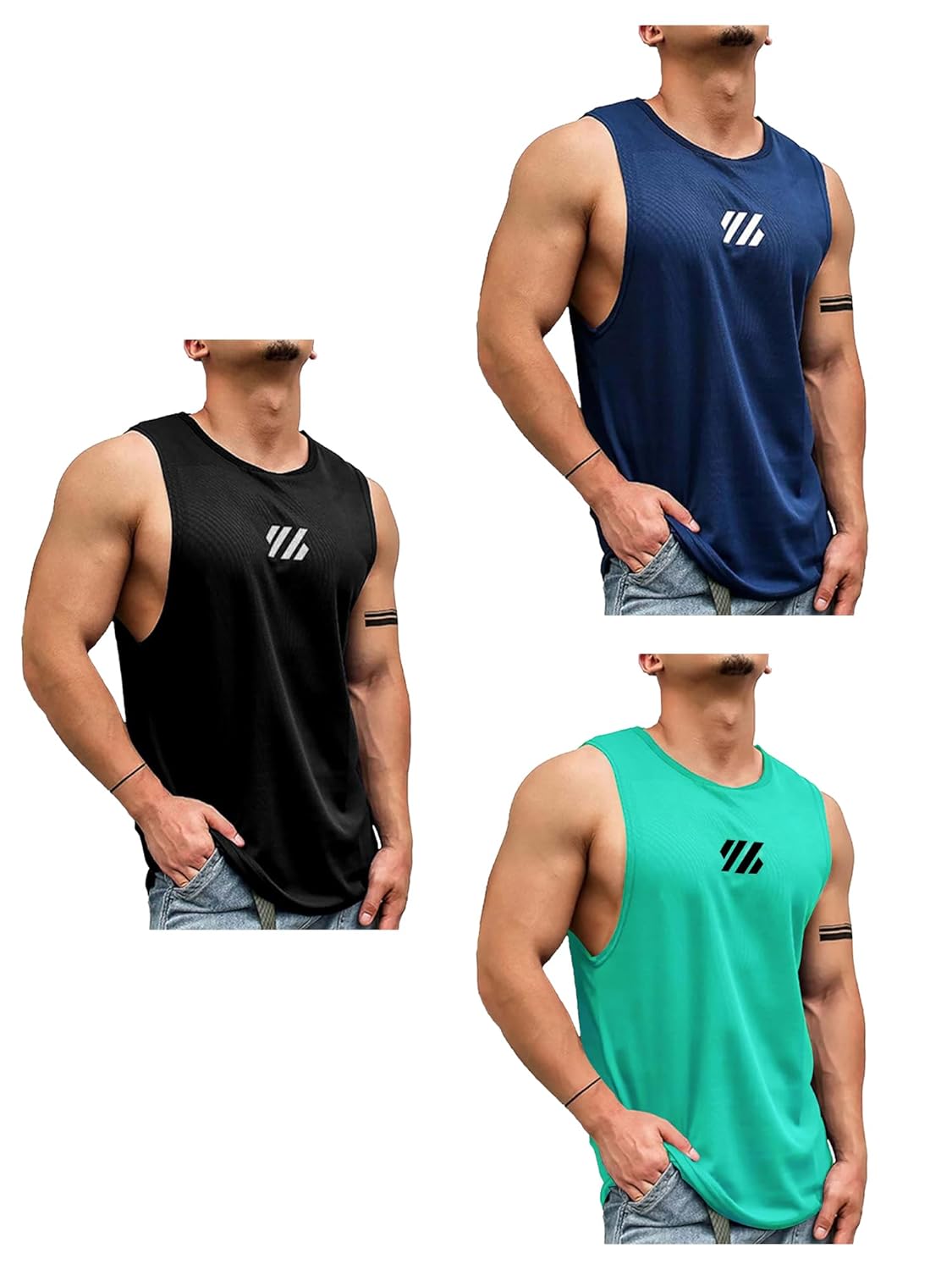 Jump Cuts Mens Printed Sleeveless Polyester Gym Fit Combo Vest Pack of 3 Jump Cuts Mens Printed Sleeveless Polyester Gym Fit Combo Vest Pack of 3