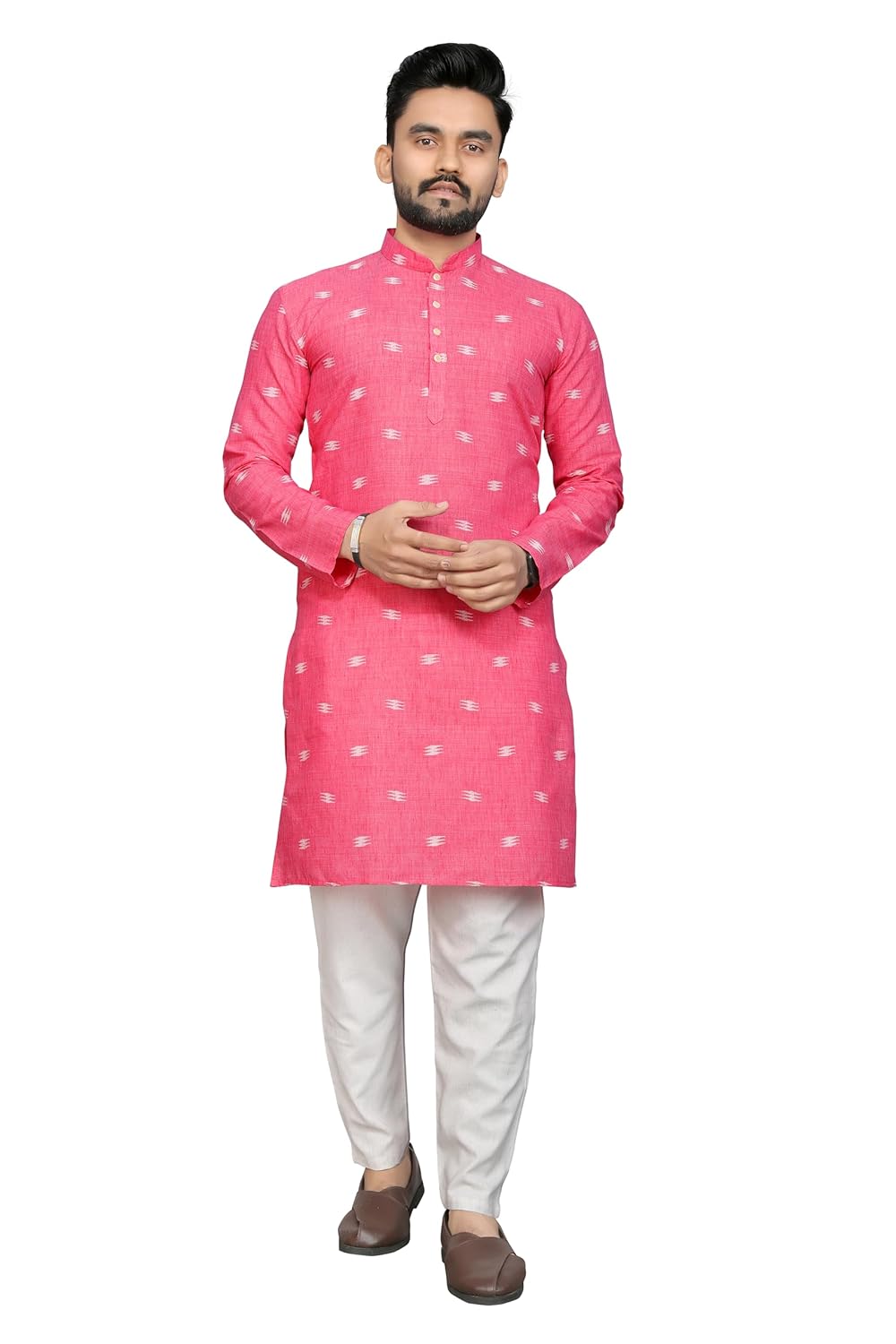 KRIJET Men’s Cotton Silk Kurta with Round Collar Neck Hand Woven Printed Pattern Long Sleeves Standard Length and Regular Fit Sherwani for Mens | Kurta for Wedding Occasions