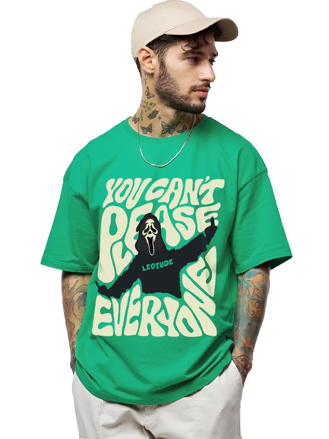 LEOTUDE Half Sleeve Oversized Cottonblend Round Neck Drop Shoulder Printed Men’s T-Shirt (Color Rama Green) LEOTUDE Half Sleeve Oversized Cottonblend Round Neck Drop Shoulder Printed Men’s T-Shirt (Color Rama Green)