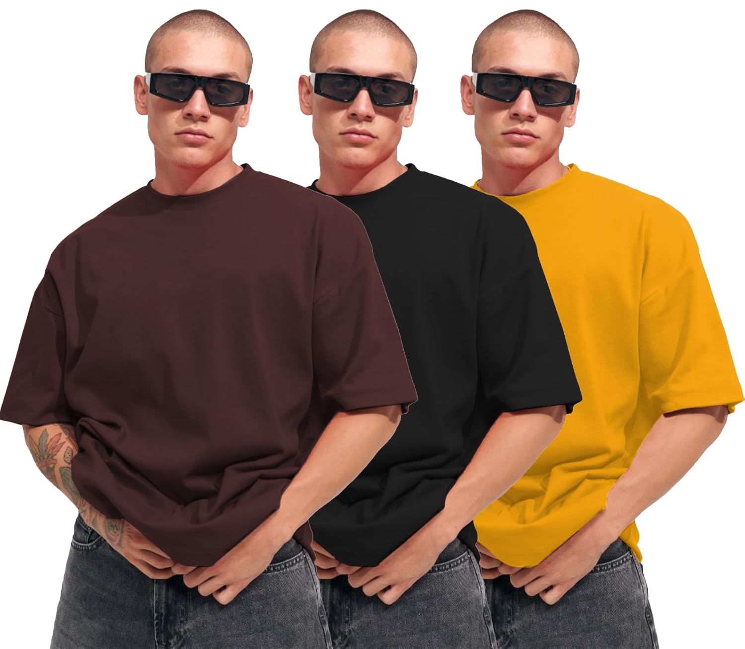 LEOTUDE Men’s Oversized Cottonblend Half Sleeve Round Neck Solid T-Shirt Combo (Pack of 3)